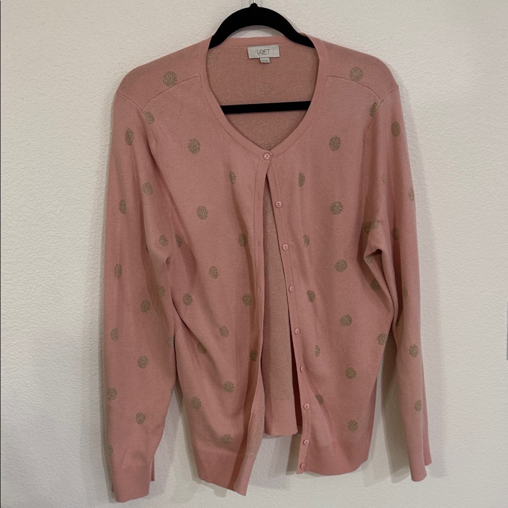 LOFT Pink and Gold Polka Dot Cardigan Woman’s Size XXL EUC